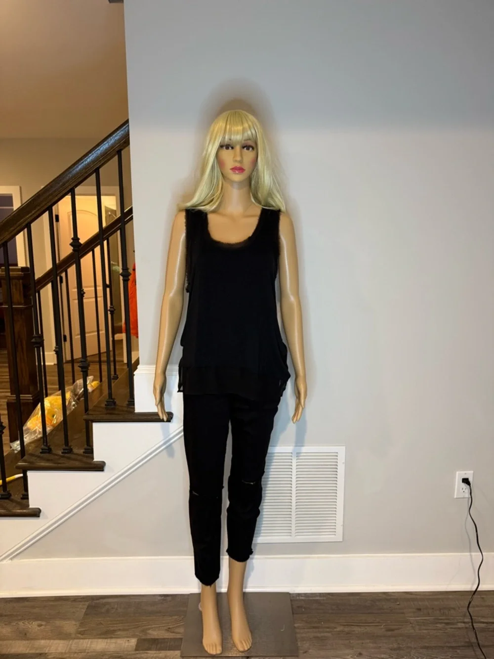 Bordeaux Black Scoop Neck Tank Top with sheer detailing on sleeve and hem - Picture 2 of 6